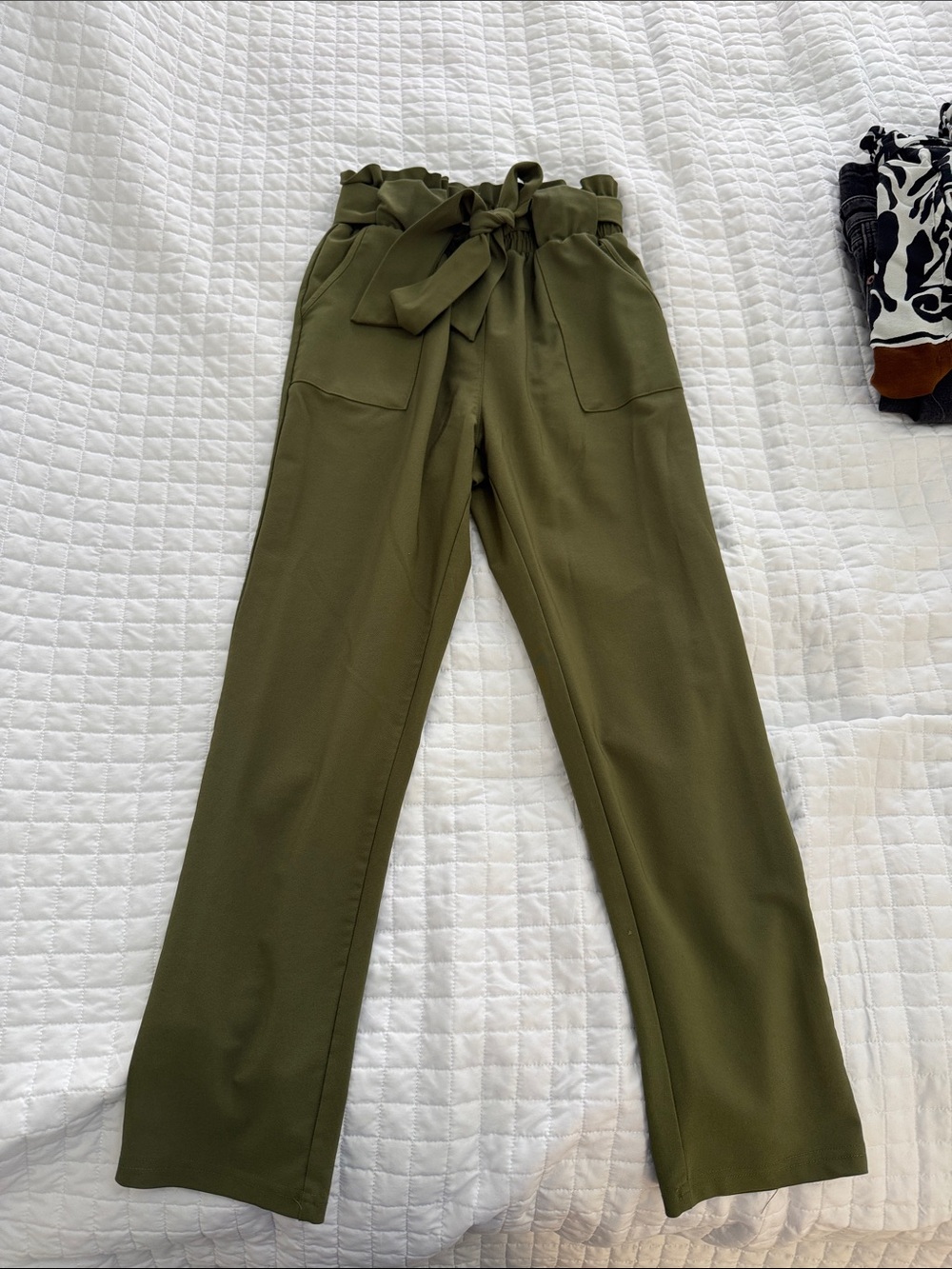 High-Waist Olive Paperbag Trousers with Tie Belt